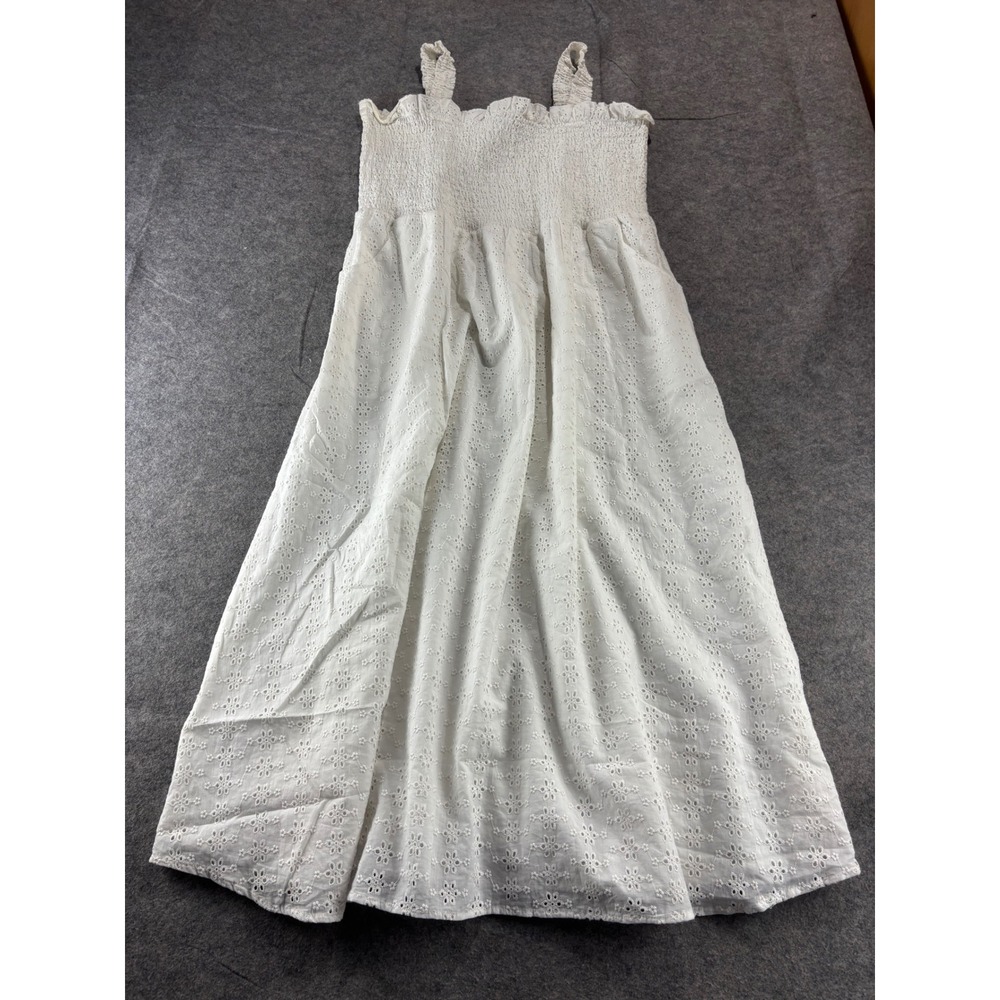 Black Tape XL White Eyelet Cotton Smocked Midi Dress Pockets Summer Sundress